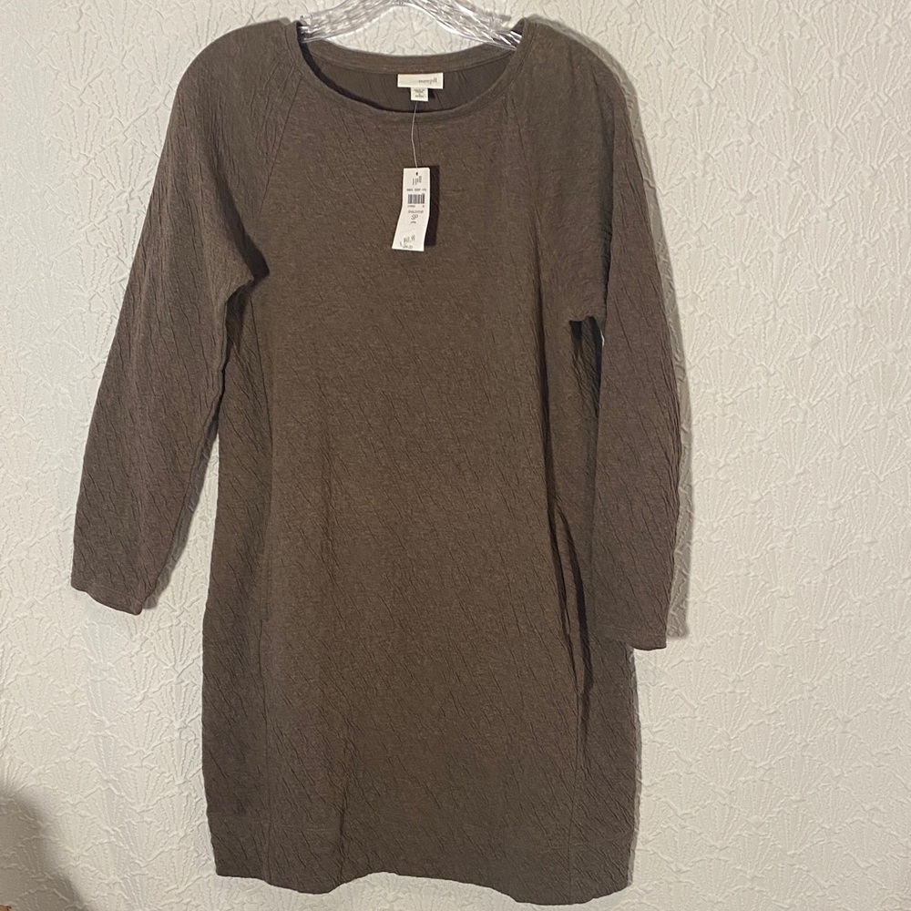 Chic Long Sleeve Brown Textured 2 Pocket Dress ADD FLARE OF SCARY BEADS & Boots